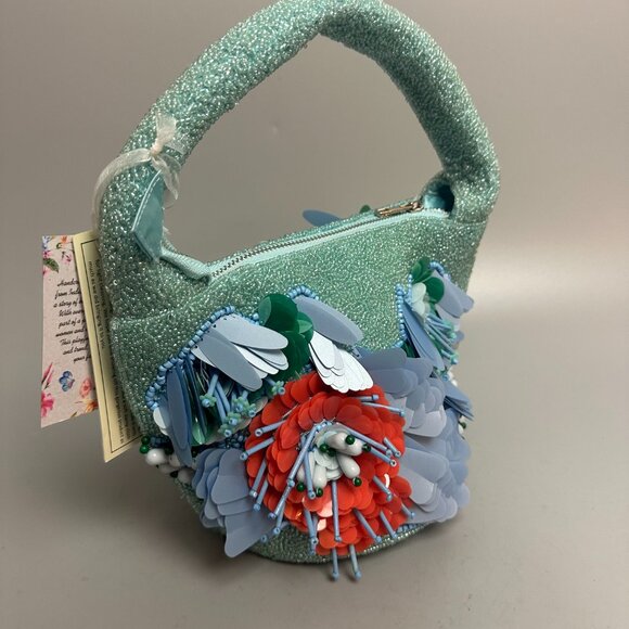 seafoam green blue floral rose Beaded Bag top handle‎ Made in India TikTok zip - Picture 4 of 5